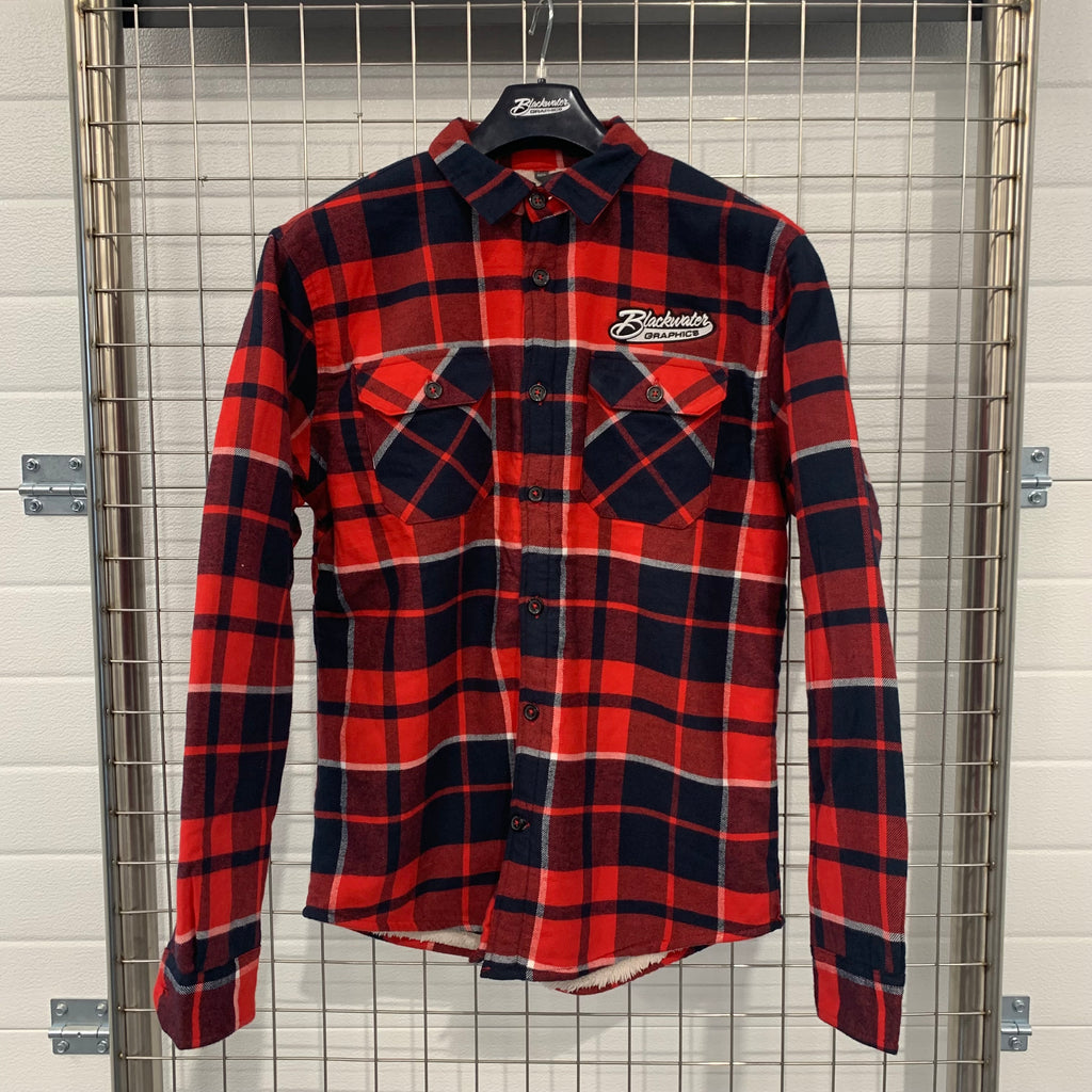 Red/Navy Sherpa-lined checked shirt jacket